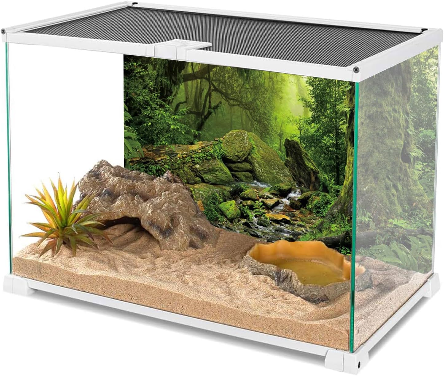 AWERT 48x24 inches Tropical Forest Terrarium Background Stream Green Huge Tree Reptile Habitat Background Foggy Rainforest Aquarium Background Durable Polyester Background