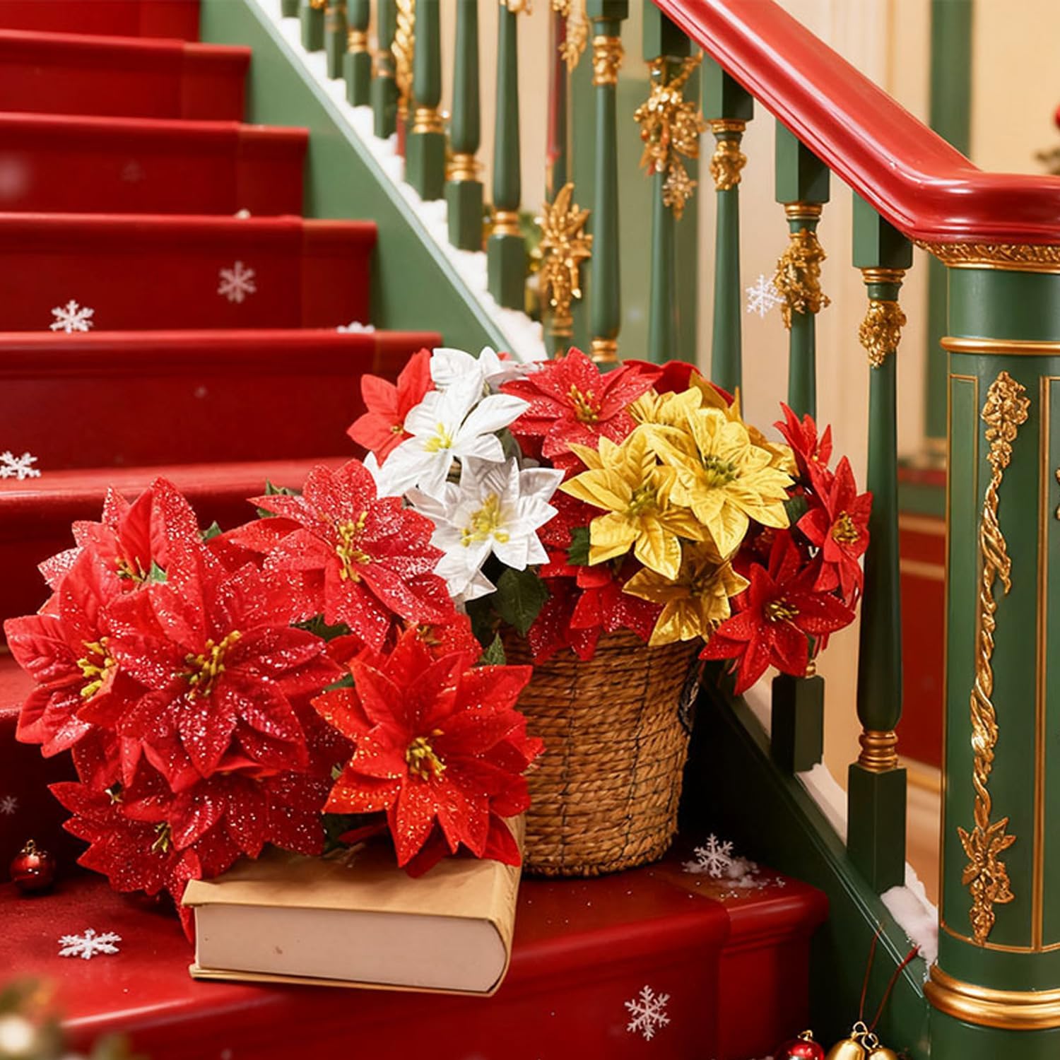 35 Bundles Poinsettias Artificial Christmas Bouquet, Large Mixed Bush Fake Velvet Poinsettia Bouquet Silk Flowers Arrangements for Christmas Cemetery Flowers for Grave Home Holiday Indoor Outdoor