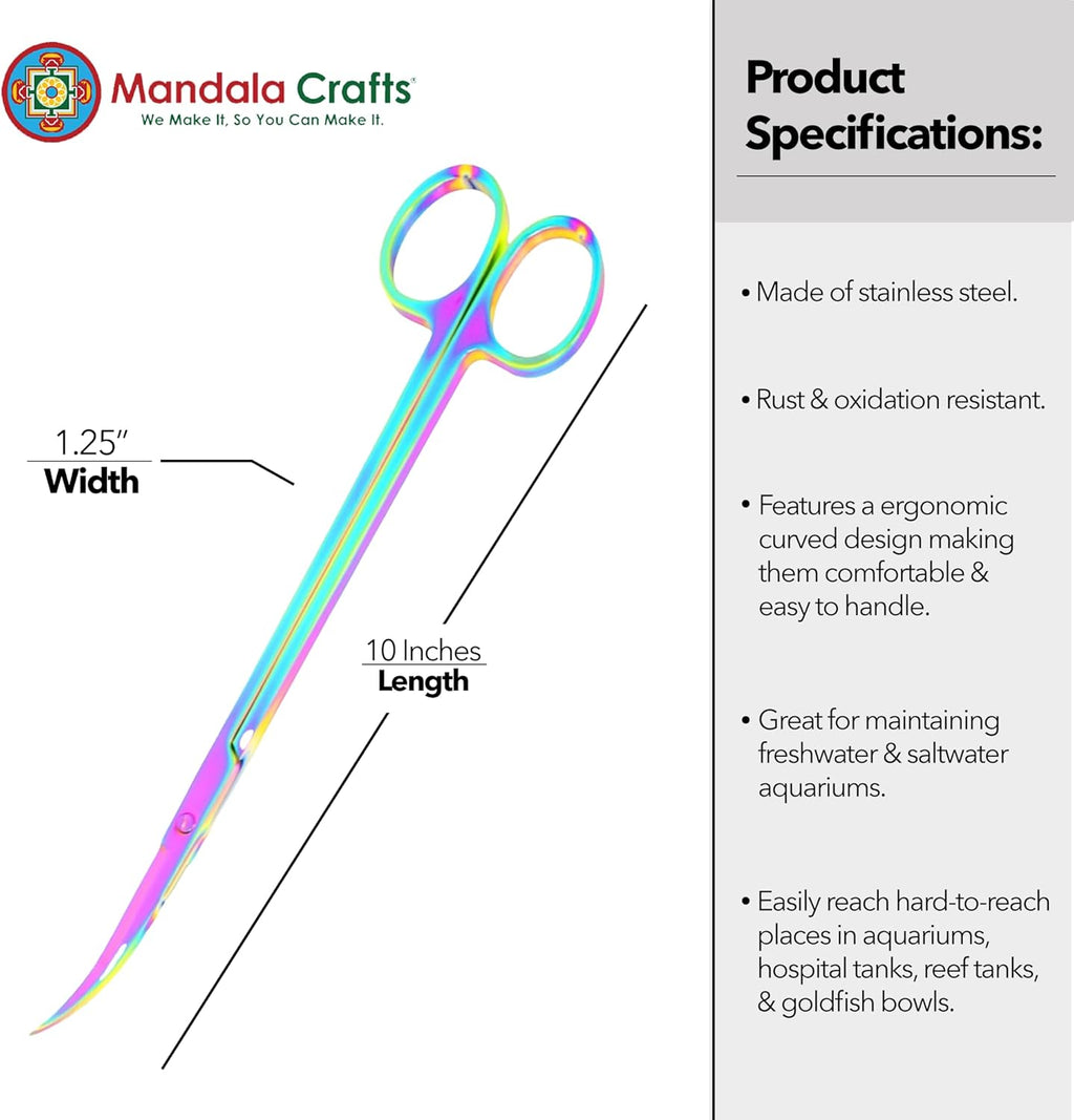 Mandala Crafts 10 Inches Rainbow Stainless Steel Curved Aquarium Scissors for Trimming Aquatic Plants – Bent Aquascape Scissors for Fish Tanks, Hospital Tanks, Goldfish Bowls, and Terrariums