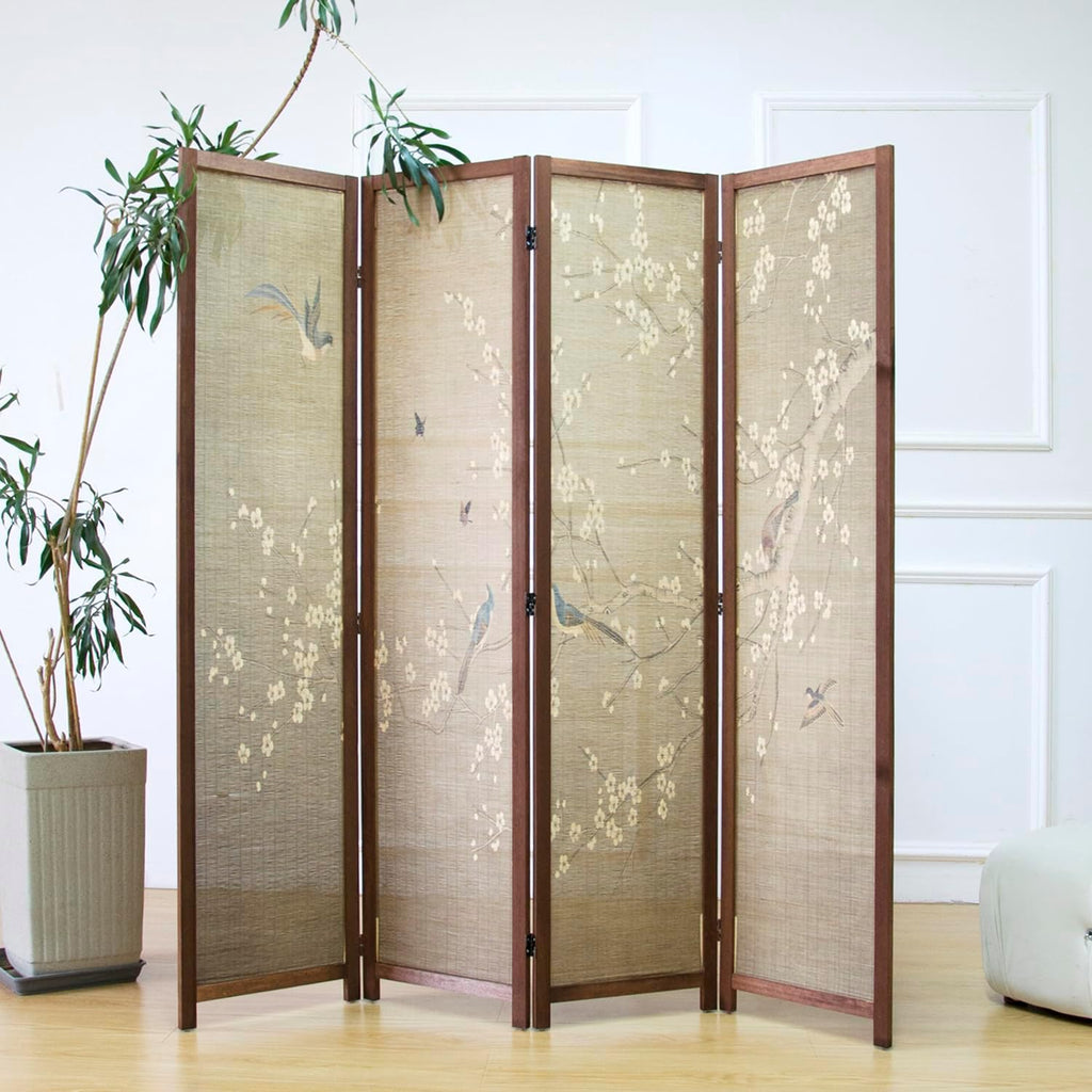 4 Panel Room Divider Screen and Folding Panel Screen,Double Sided Bamboo Divider for Room Separation,White Plum and Birds,67" H x 63" W,67" H x 63" W