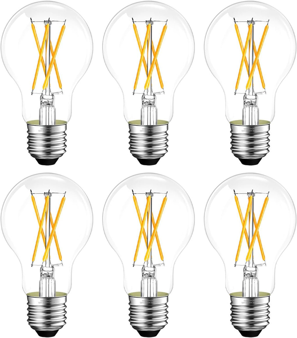 Dimmable E26 LED Bulb 6W, 60 watt Equivalent, A19 Clear Glass LED Light Bulb 5000K Daylight, Vintage LED Edison Bulbs for Ceiling Fan, 90+CRI, 600LM, 6 Pack