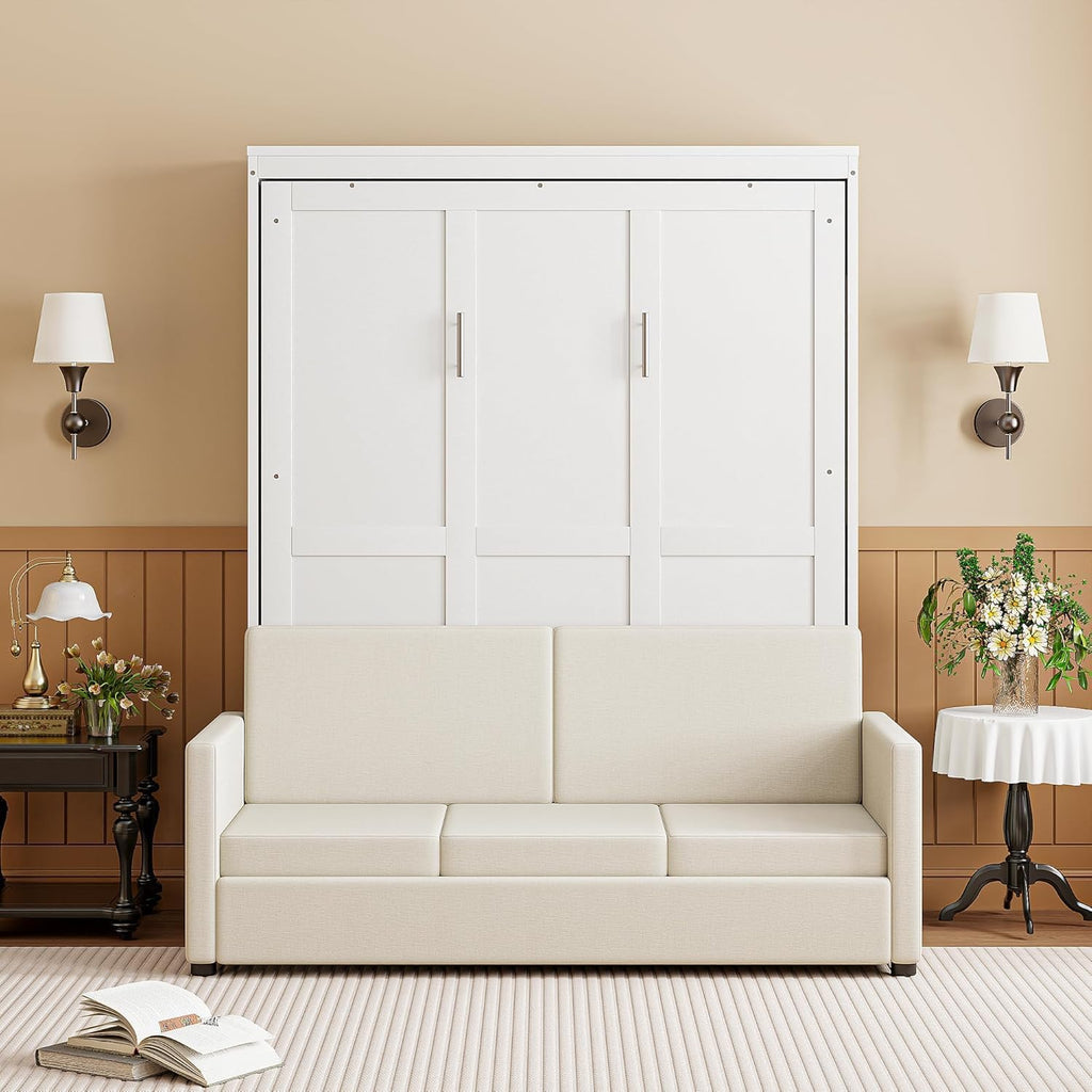MERITLINE Full Murphy Bed with Couch,Wood Murphy Bed Cabinet with Sofa,Fold up Bed White Murphy Wall Bed Full Size