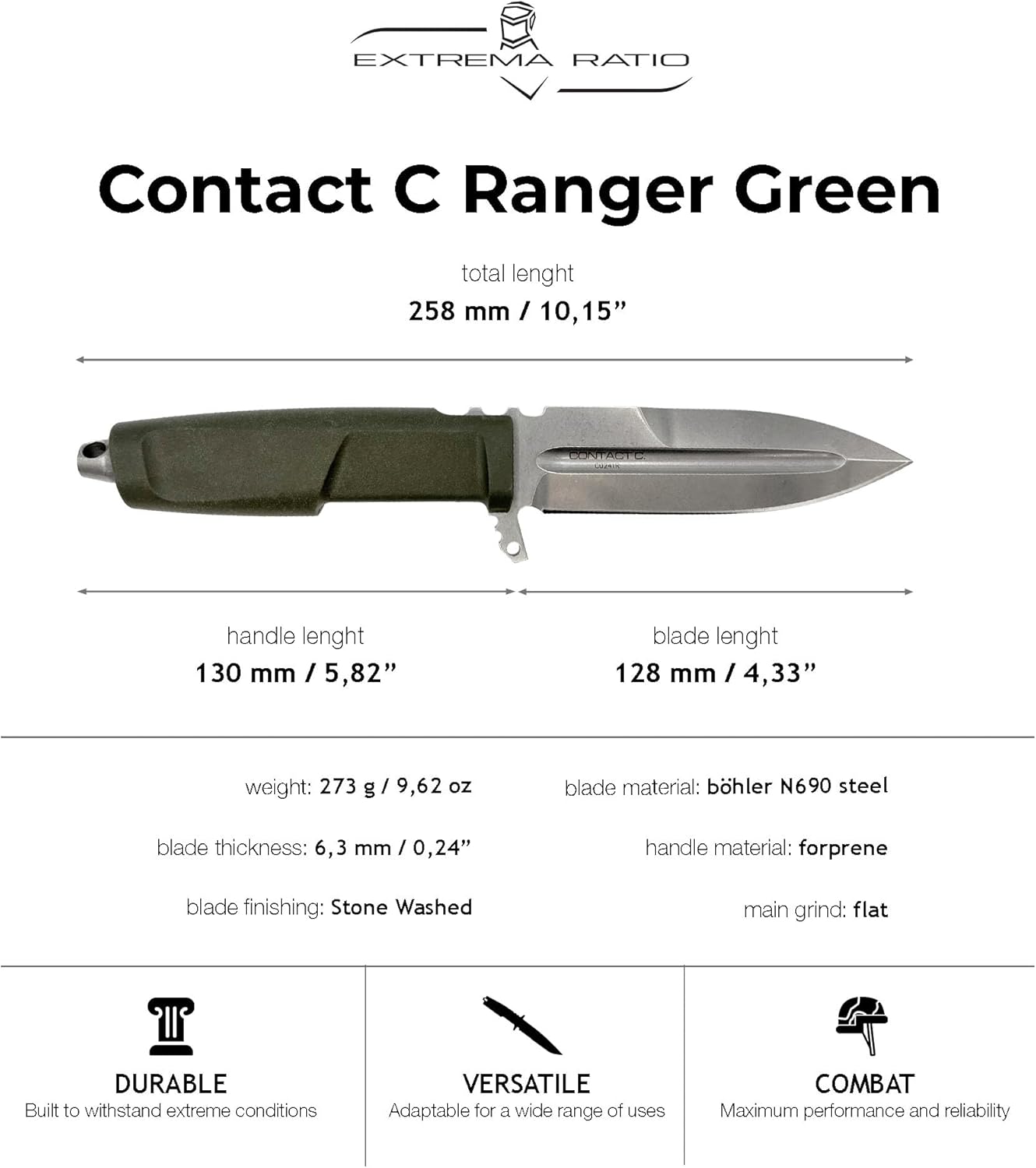 Extrema Ratio - Contact C (Ranger Green) Fixed Blade Knife, Böhler N690 Steel Blade Hardened to 58 HRC, Stone-Washed Finish, Full-Tang Design, Ergonomic Forprene Handle, Precision Handcrafted in Italy, Durable and Reliable