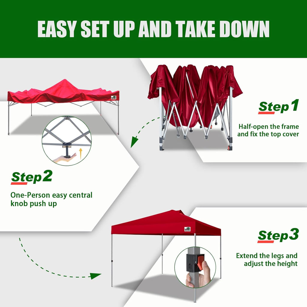 Eurmax USA NOMATTER ONE-Person Open&Close 10x10ft Pop Up Canopy Tent，Portable Shelter Canopy for Outdoor Events，Instant Canopies, Temporary Sunshade,Bonus 4 Sand Bags(Red)