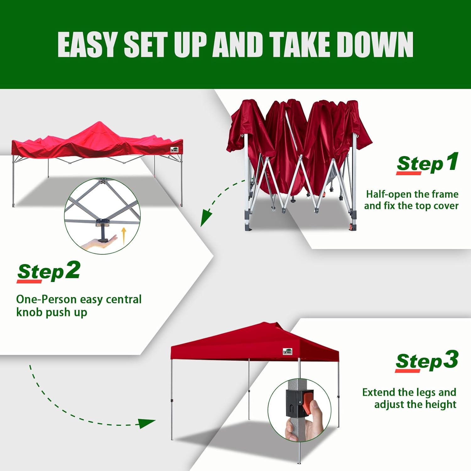 Eurmax USA NOMATTER ONE-Person Open&Close 10x10ft Pop Up Canopy Tent，Portable Shelter Canopy for Outdoor Events，Instant Canopies, Temporary Sunshade,Bonus 4 Sand Bags(Red)