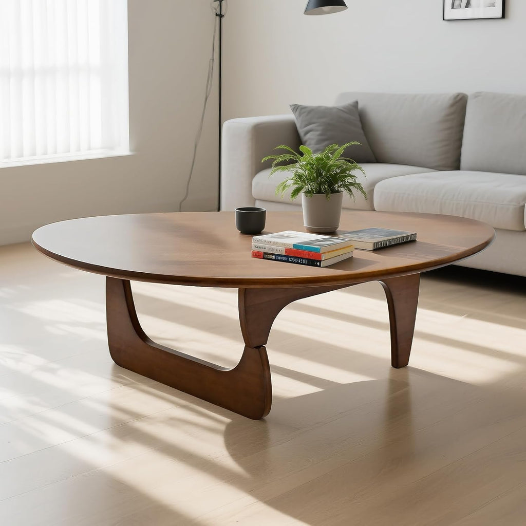 Solid Wooden Modern Triangle Coffee Table: Unique Funky Coffee Tables for Living Room, Oval Mid-Century Irregular Abstract Tea Tables for Patio Office Balcony Bedroom (Walnut, 35" L x 24" W x 16" H)
