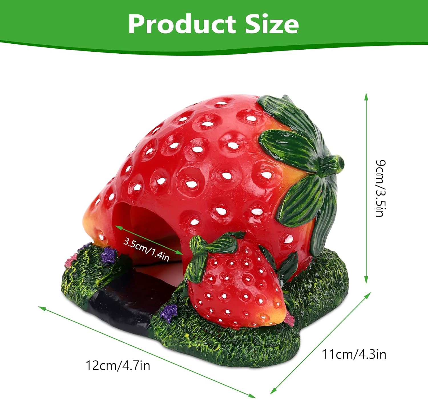 Strawberry Aquarium Decoration Resin-Cute Fish Tank Ornament with Hiding Cave for Betta & Small Fish-Approx. 4.7" L x 4.3" W x 3.5" H (Strawberry)