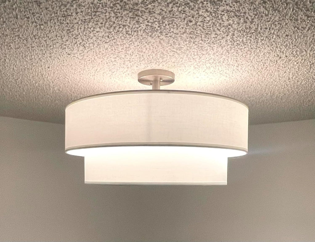 4 Light Off White Double Drum Fabric Shade Semi Flush Mount Ceiling Light,Close to Ceiling Light Fixture Black Finish,20 inch Semi Flush Drum Light for Bedroom,Living Room,Dining Room Hallway