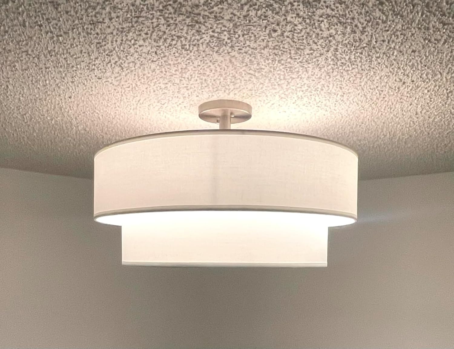 4 Light Off White Double Drum Fabric Shade Semi Flush Mount Ceiling Light,Close to Ceiling Light Fixture Black Finish,20 inch Semi Flush Drum Light for Bedroom,Living Room,Dining Room Hallway
