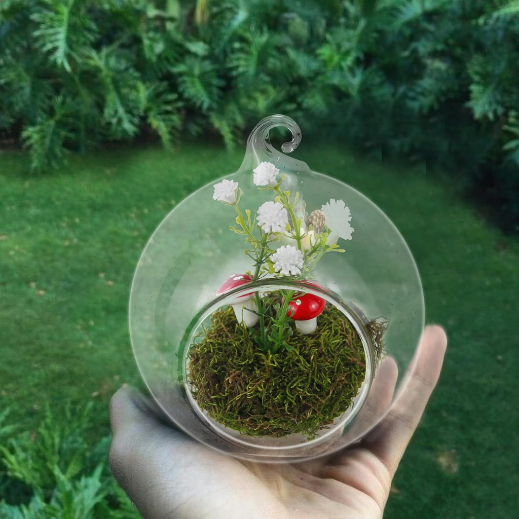 Glass Hanging Planter Terrarium for Indoor Plants Hanging Glass Globes with Artificial Moss Flowers Air Fern Holder Terrarium Plants Hanger Vase Gifts for Plant Lovers Home Decoration