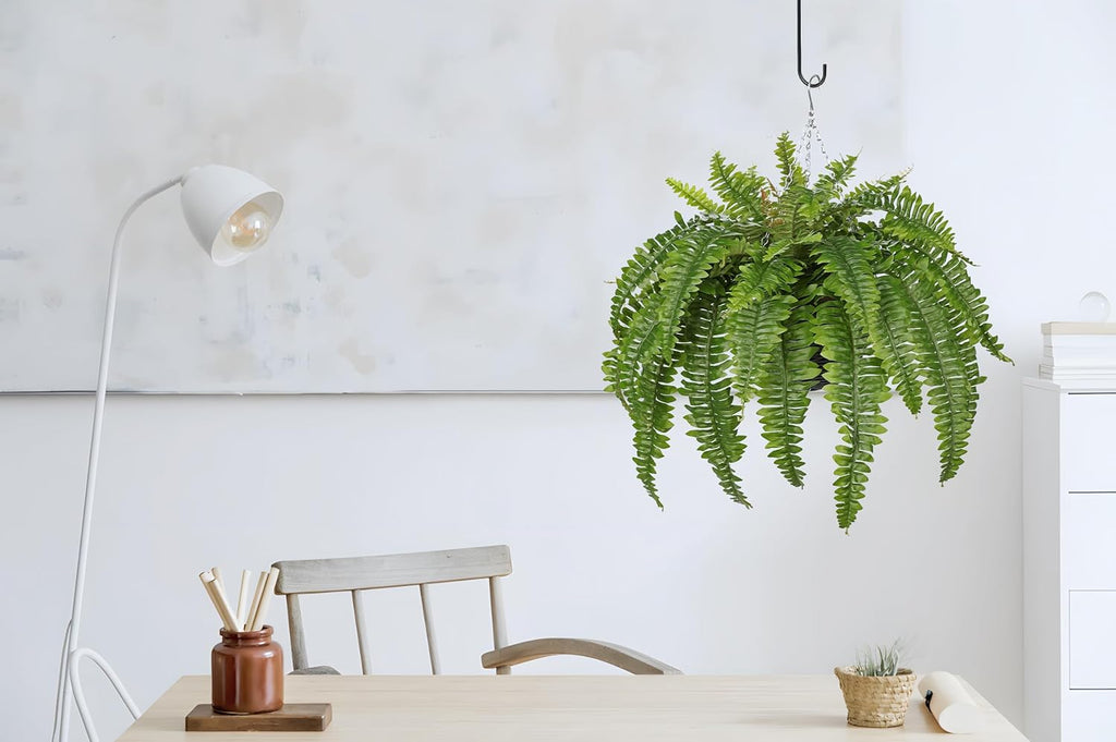 Hollyone 33" Artificial Boston Fern Hanging Basket Large 39 Leaves Fake Ferns in Rattan Pot Greenery Plants for Outdoors & Indoor Faux Fern Bush Basket Plant Patio Garden Home Decor Green