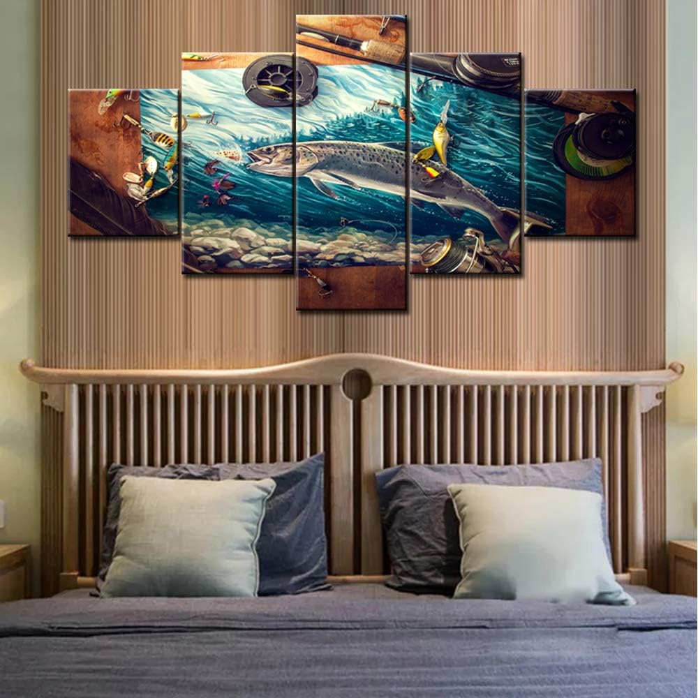 TUMOVO 5 Piece Wall Art Fishing Accessories Pictures Fish Hook Paintings for Living Room Ocean Wave Artwork Printed on Canvas Home Modern Decor Giclee Framed Stretched Ready to Hang (60”X32”)