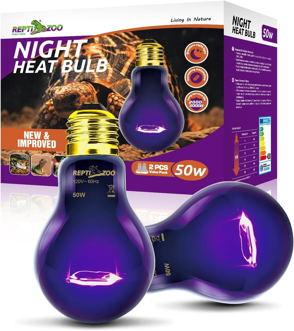 REPTI ZOO 2PCS Reptile Night Heat Lamp, 50W Moonlight Heat Bulb Infrared Heating Light Purple Reptile Heat Lamp Night Bulb for Bearded Dragon, Lizard, Snake, Turtle