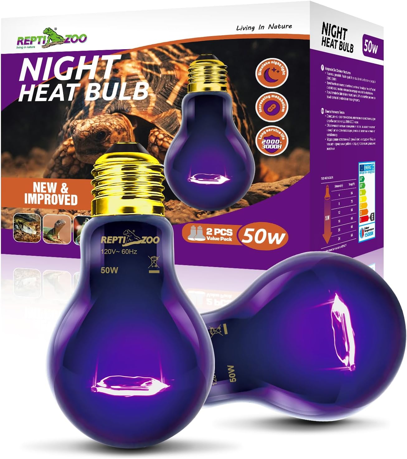REPTI ZOO 2PCS Reptile Night Heat Lamp, 50W Moonlight Heat Bulb Infrared Heating Light Purple Reptile Heat Lamp Night Bulb for Bearded Dragon, Lizard, Snake, Turtle