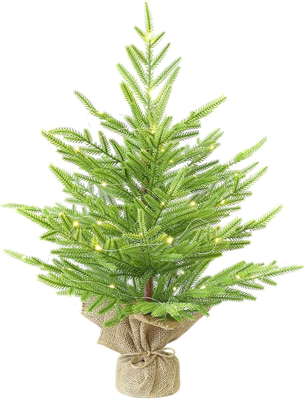 24 Inch Pre-Lit Artificial Mini Christmas Tree with Twinkling Warm LED Lights and Realistic Norfolk Pine, Solid Burlap Base Basin, for Xmas Home, Office, Tabletop, Party Decoration