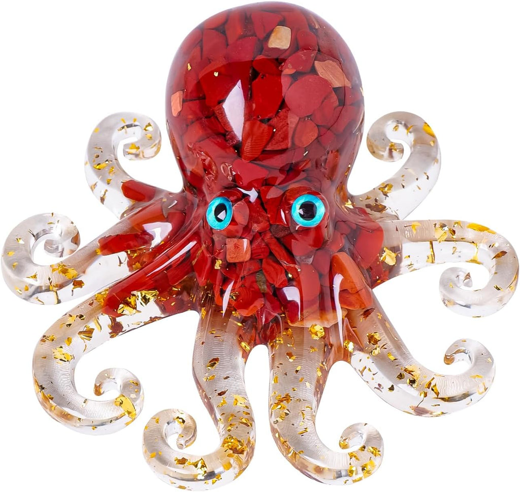 Natural Crystal Red Jasper Gravel Octopus Resin Marine Animals Fish Tank Decorative Ornaments Statue Healing Crystal Home Decor Ladies Gift 3.93"