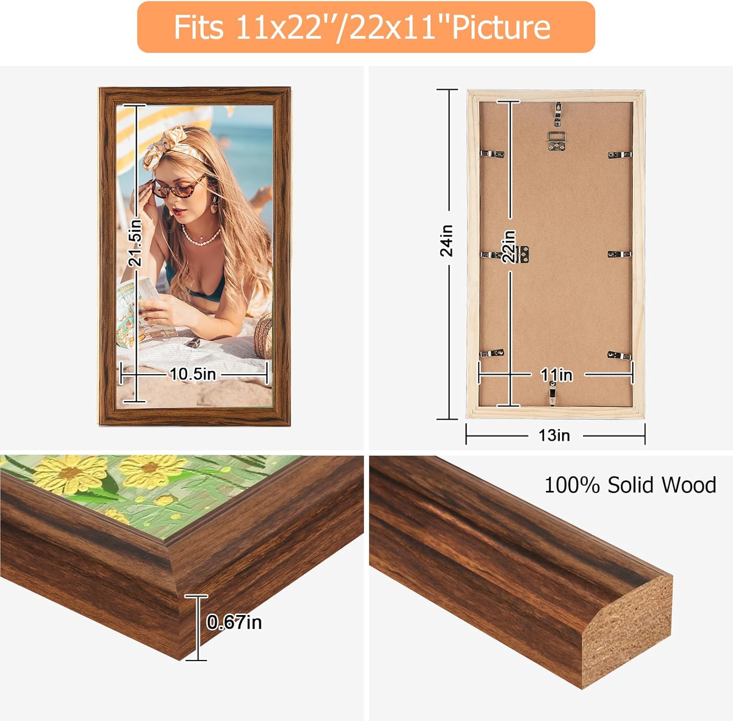 11x22 Wood Frame Brown, Rustic Natural Wooden 22x11in Poster Picture Frame, Distressed 11 x 22inch Woodgrain Gallery Photo Frame with HD Plexiglass, Horizontal Vertical Wall Mounting Display 1pcs