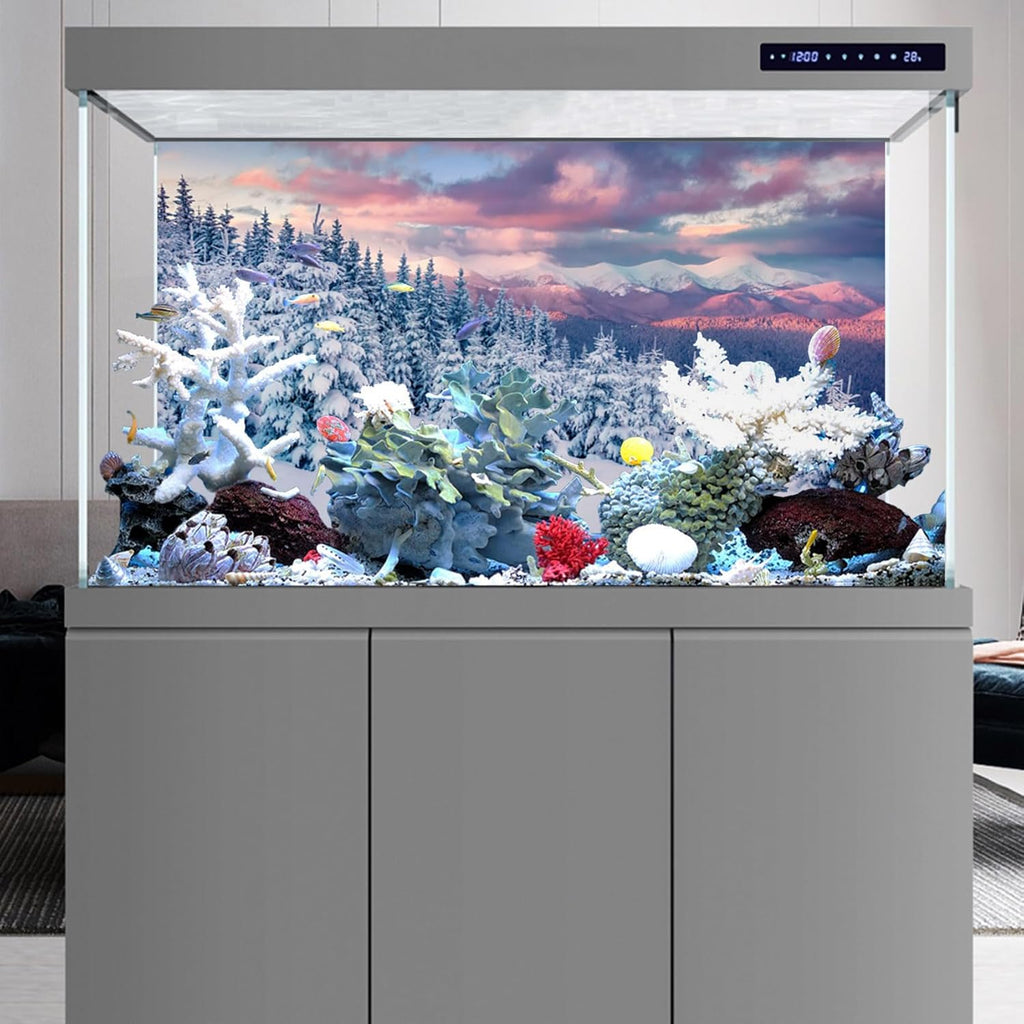 YongFoto Winter Snow Scene Fish Tank Background 36x14 inch Snowfield Pine Forest Rime Sunglow Rosy Clouds Polyester Backdrop Reptile Terrarium Aquarium Bearded Dragon Habitat Background