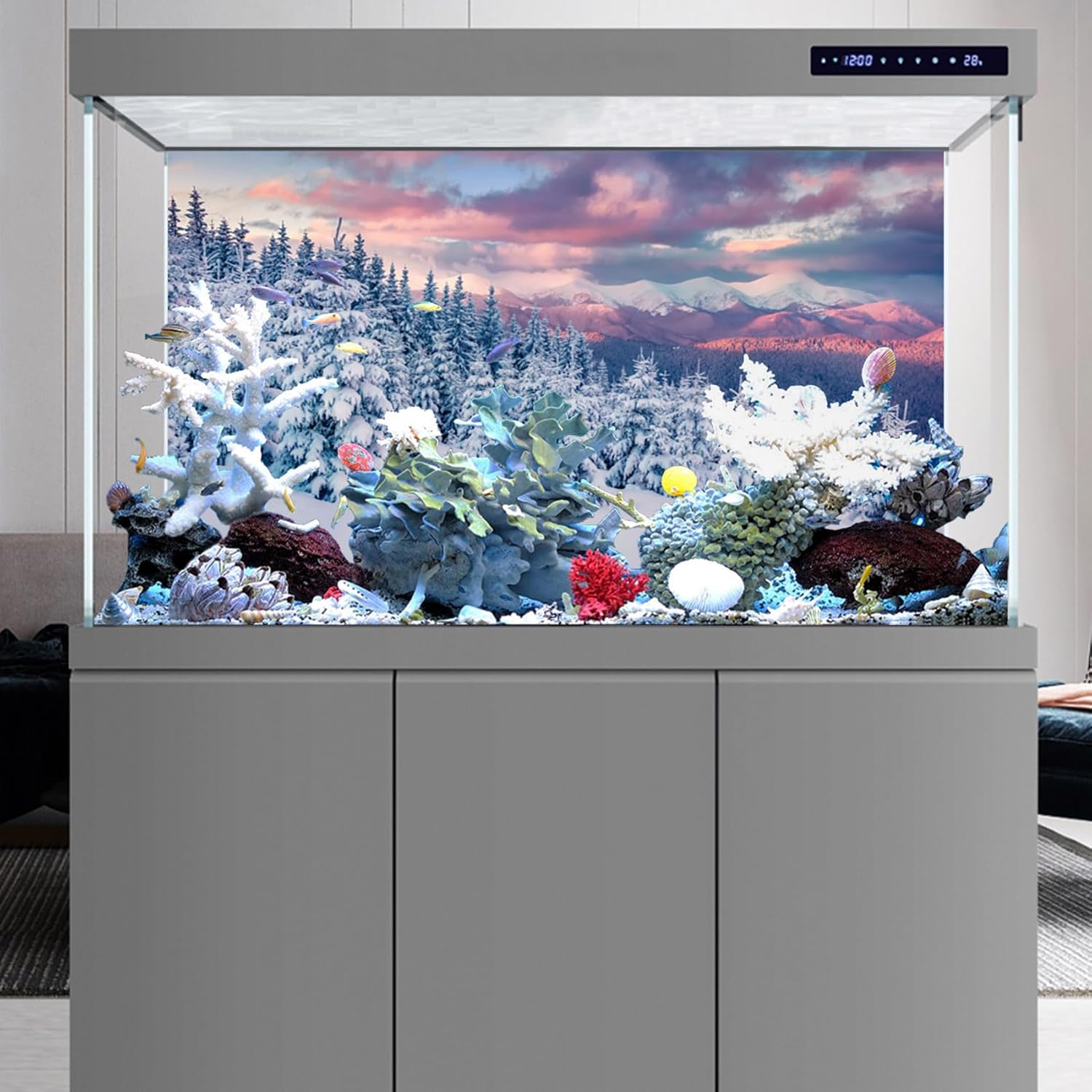 YongFoto Winter Snow Scene Fish Tank Background 60x24 inch Snowfield Pine Forest Rime Sunglow Rosy Clouds Polyester Backdrop Reptile Terrarium Aquarium Bearded Dragon Habitat Background