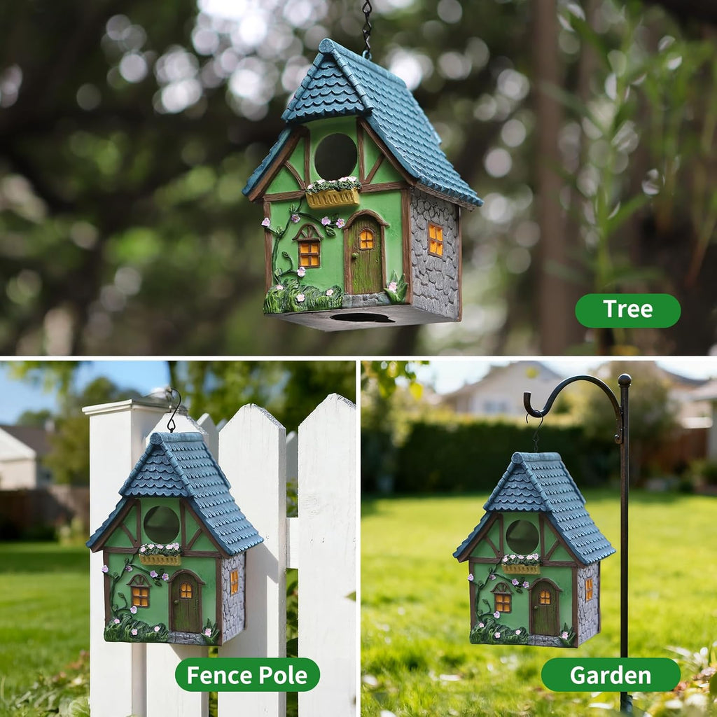 Bird Houses for Outside Cottage Garden Birdhouse –Green Resin Bird Houses with Flower and Stone Details for Hummingbird Finches Cardinals Bird Nesting Garden, Patio, Yard