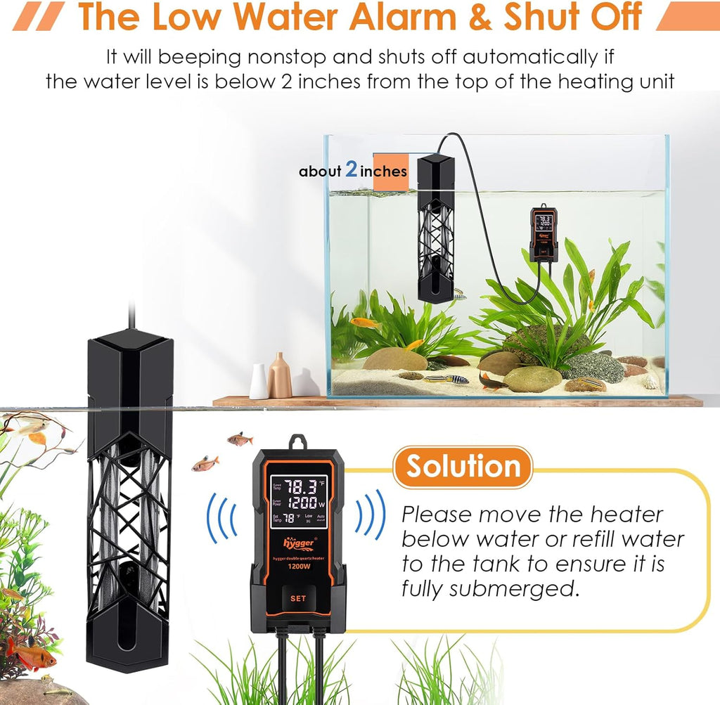 hygger Submersible Aquarium Heater 1200W Fish Tank Heater with Temperature Control & Auto Off Protection for 160-300 Gallons Saltwater and Freshwater