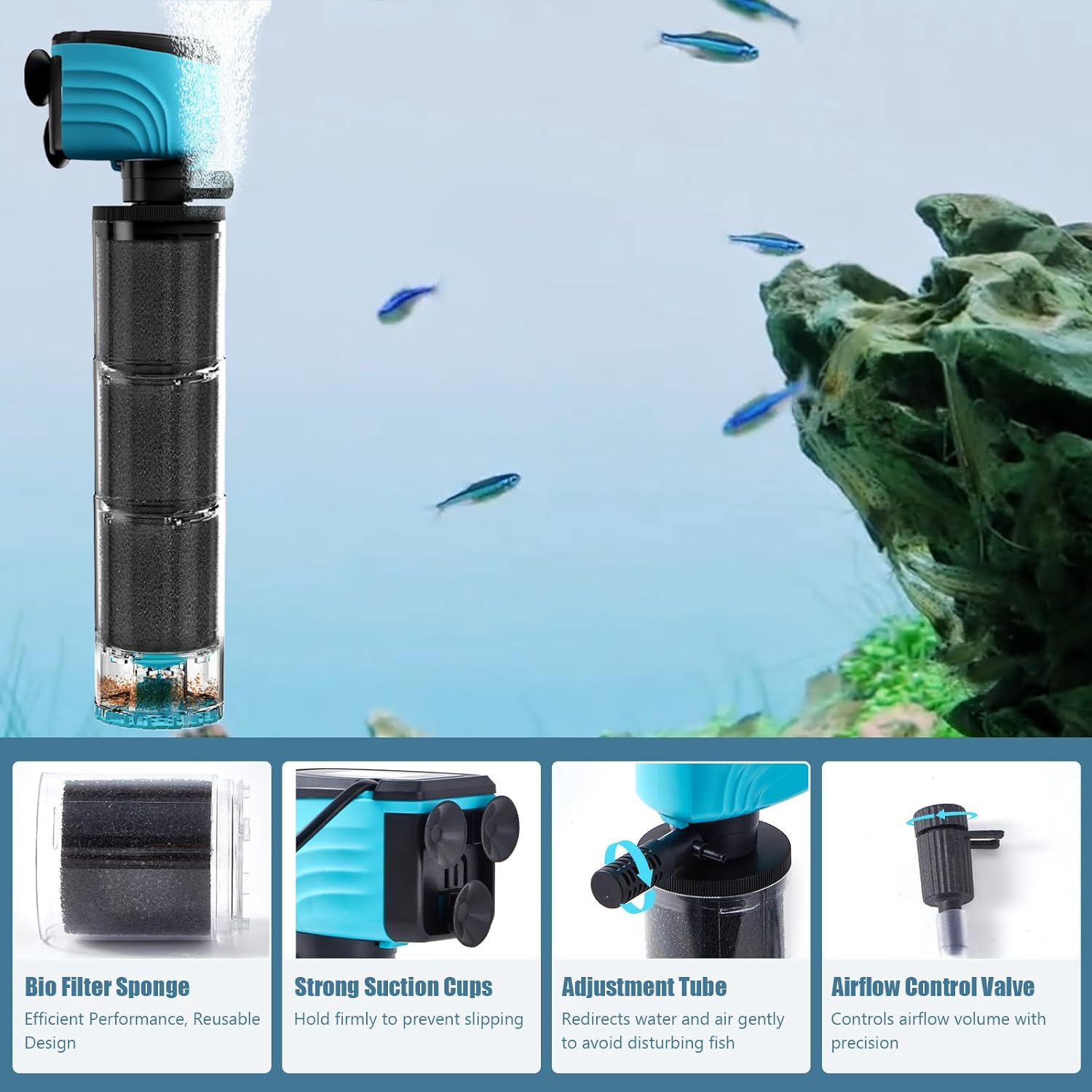 Internal Aquarium Filter, Upgraded 100–300 Gallon Fish Tank Filter with Fish Guard, 660GPH Submersible Whisper Pump for Turtle Tank & Small Pond, Debris Tray, Check Valve, Fresh/Saltwater