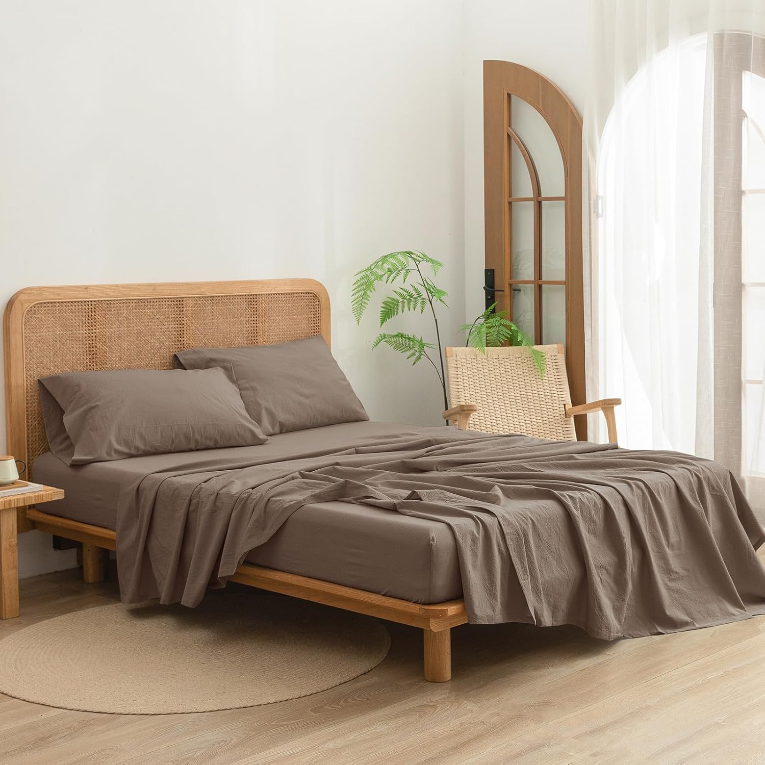 BESTOUCH Sheet Set 100% Washed Cotton Linen Feel Super Soft Comfortable Chic Lightweight 4 Pcs Home Bedding Set Solid Pine Bark Brown Queen