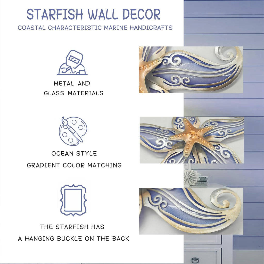 POXOHO Metal Starfish Wall Decor, Sea Life Coastal Decorations 12 inch Starfish Wall Art, Nautical Home Decoration Handing Ocean Beach Wall Art for Garden,Fence,Home,Patio,Kitchen,Bathroom,(Sliver)