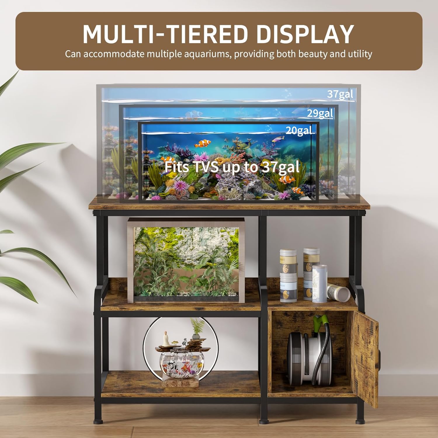 40-50 Gallon Fish Tank Stand，750 lbs Capacity Aquarium Stand，Heavy-Duty 3-Level Reptile Stand with Built-in Storage，36.8×15.7×31.5" Steel Terrarium Stand，Retro Brown