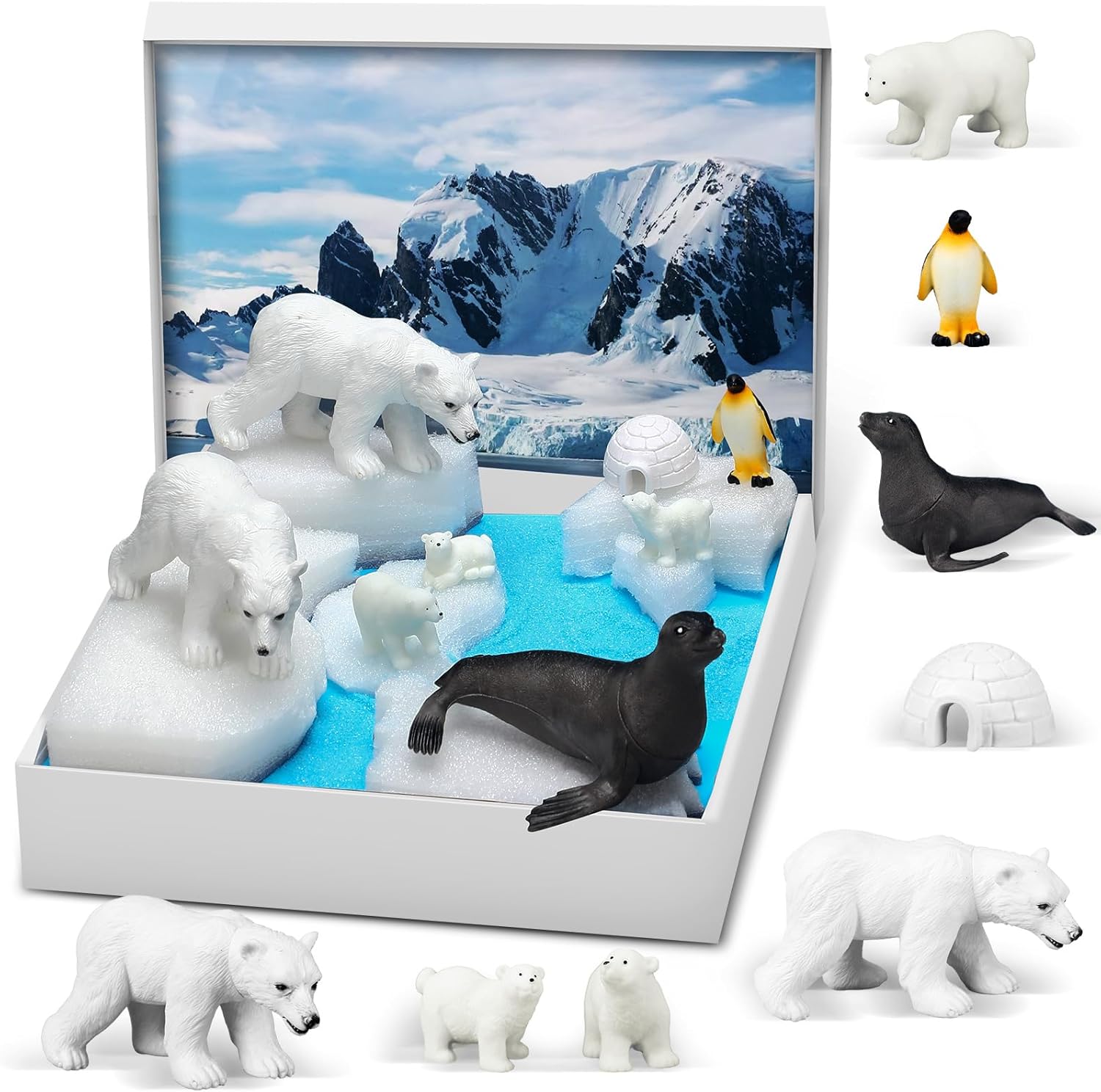 MiniInflat Polar Animals Diorama Kit Realistic Polar Animals Figures Toys Including Bear, Sea Lion, Igloo, Snowflakes Diorama Supplies for Birthday Party Favors(Box Not Included)