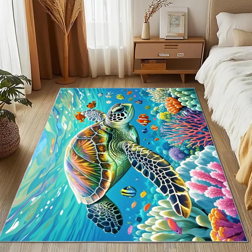 Coastal Sea Turtle Area Rug 3x4ft Beach Theme Ocean Non-Slip Rug Washable Decorative Living Room Bedroom Floor Rug, Blue Green