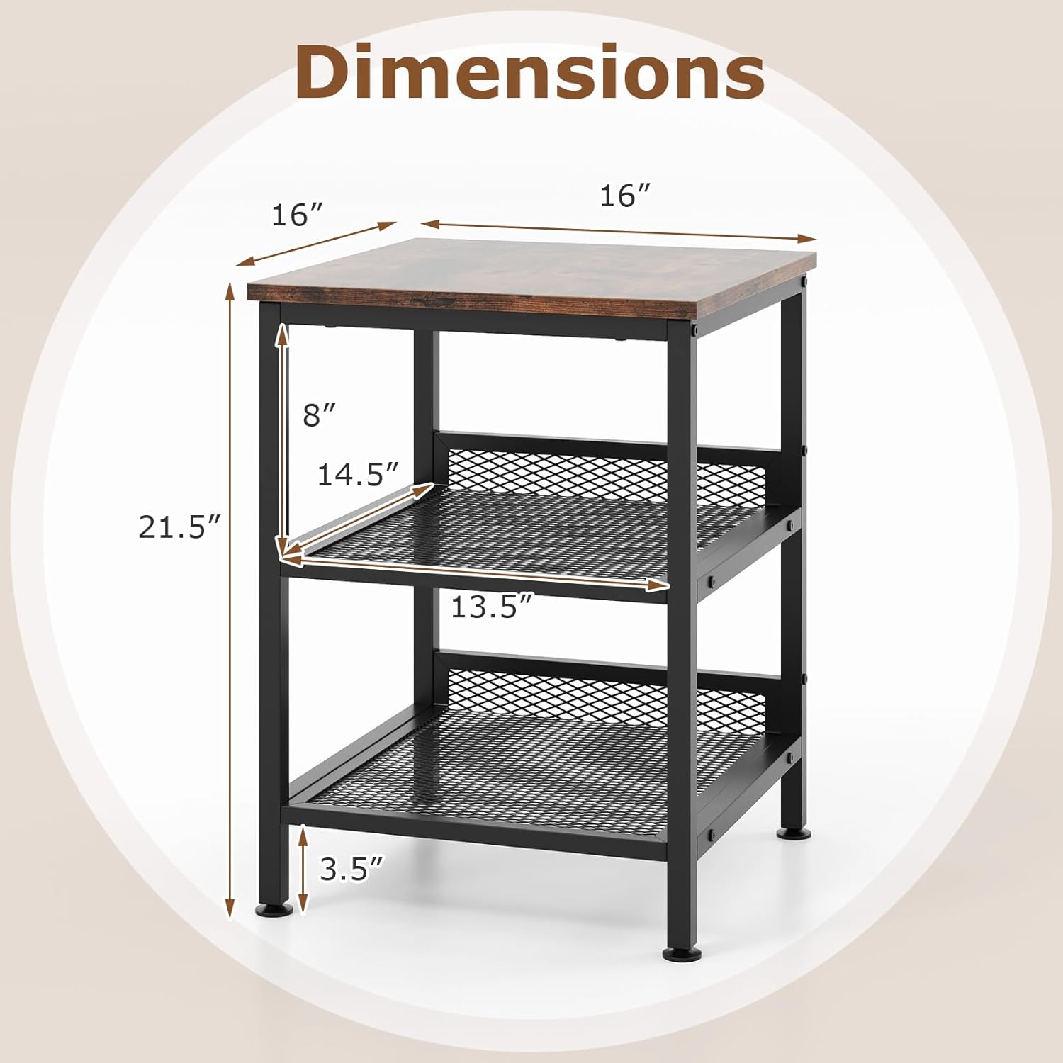 Tangkula Square Side Table, 3-Tier Nightstand with Dual Mesh Shelves, Industrial End Table for Living Room, Bedroom & Kitchen, Sofa Side Table, 16 x 16 x 21.5 Inch (Rustic Brown, 1 Pack)