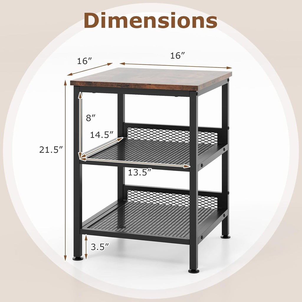 Tangkula Square Side Table, 3-Tier Nightstand with Dual Mesh Shelves, Industrial End Table for Living Room, Bedroom & Kitchen, Sofa Side Table, 16 x 16 x 21.5 Inch (Rustic Brown, 2 Pack)