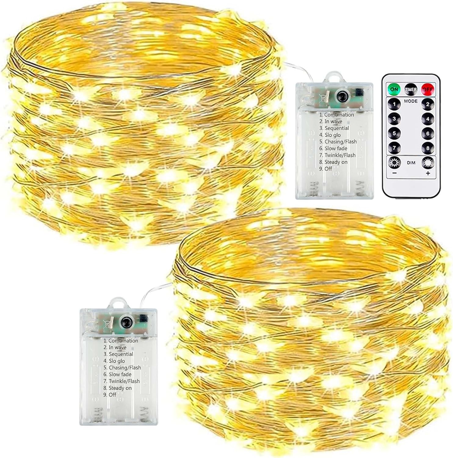 2-Pack 50 LED Fairy Lights Battery Operated with Remote Control Timer, 16 FT 50 LED Battery Lights Outdoor Indoor, 8 Mode Twinkle String Lights for Classroom Party Bedroom Christmas Décor (Warm White)