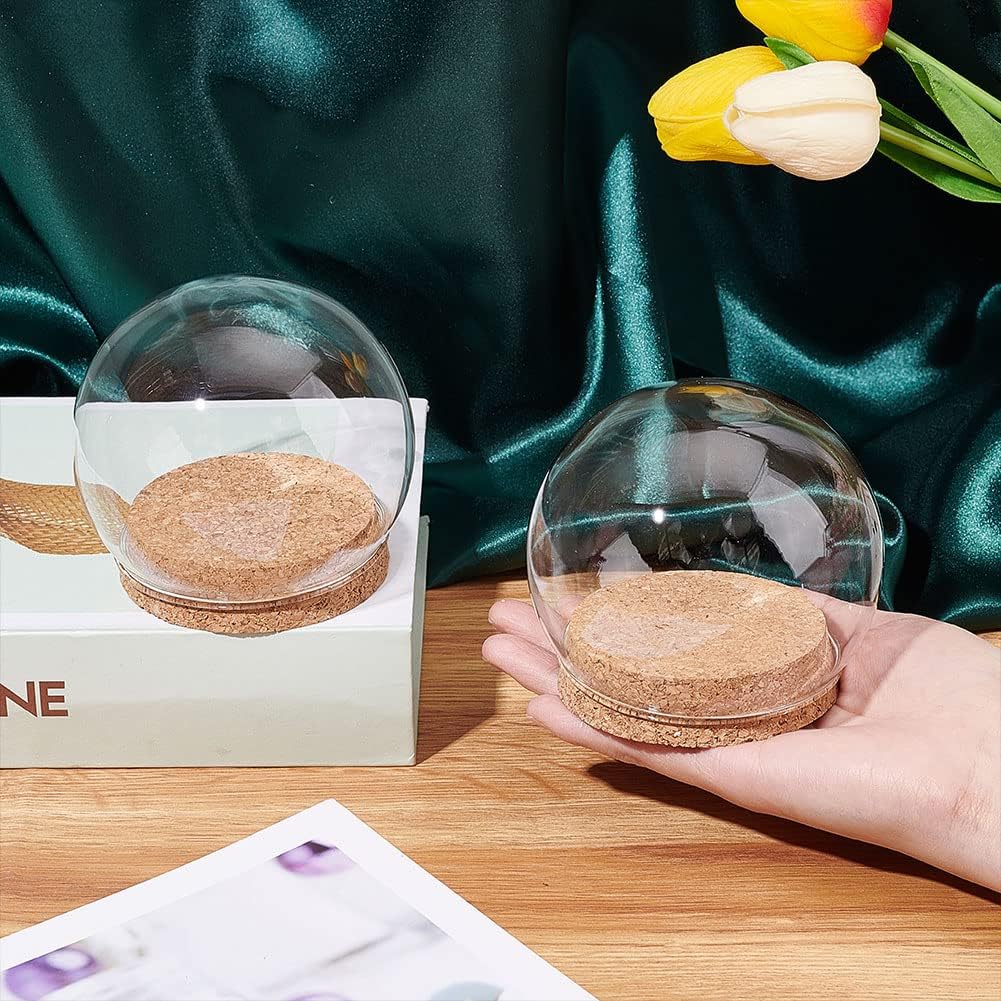 NBEADS 2 Sets Round Glass Display Dome, Mini Glass Cloche Dome Clear Glass Plant Terrarium Decor with Cork Base 3.94" in Diameter Jar Cloche for Flower Aquarium Christmas Party Office Home Decor