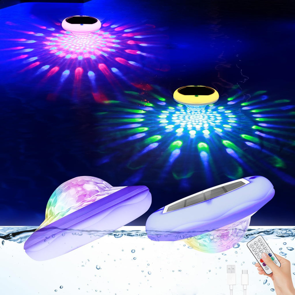 Solar Floating Pool Lights, Rechargeable Pool Lights That Float with Remote, 6.7'' 2600mAh IP68 Waterproof Floating Light 13 Colors Upper and Lower Glow Solar Light for Pools 2 Pack