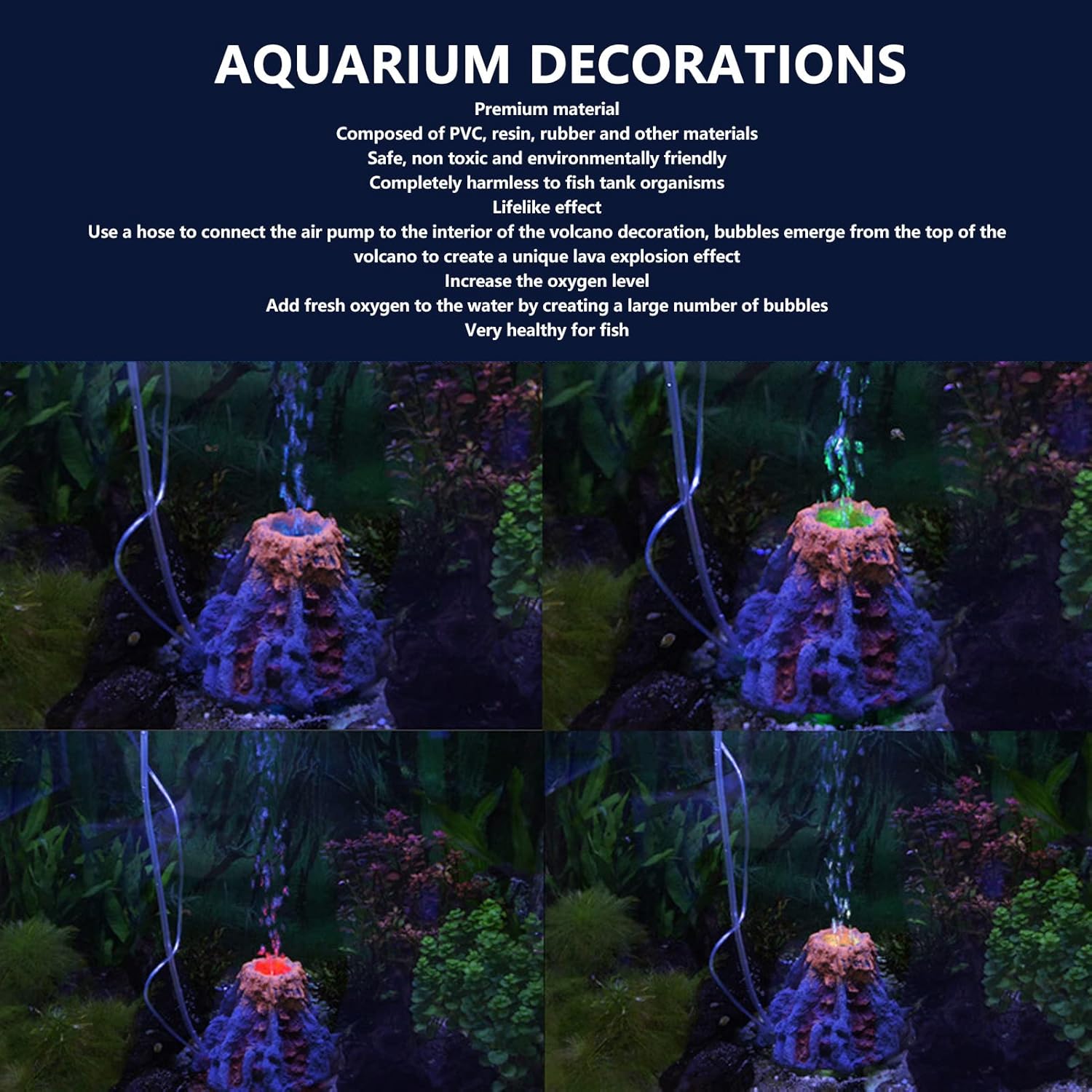 Aquarium Volcano Ornament Kit Lifelike Oxygenation Aquarium Air Bubbler Volcano Decorations with Hose for Landscaping Safe Material Vivid Effect Increase Oxygen Level USB Plug