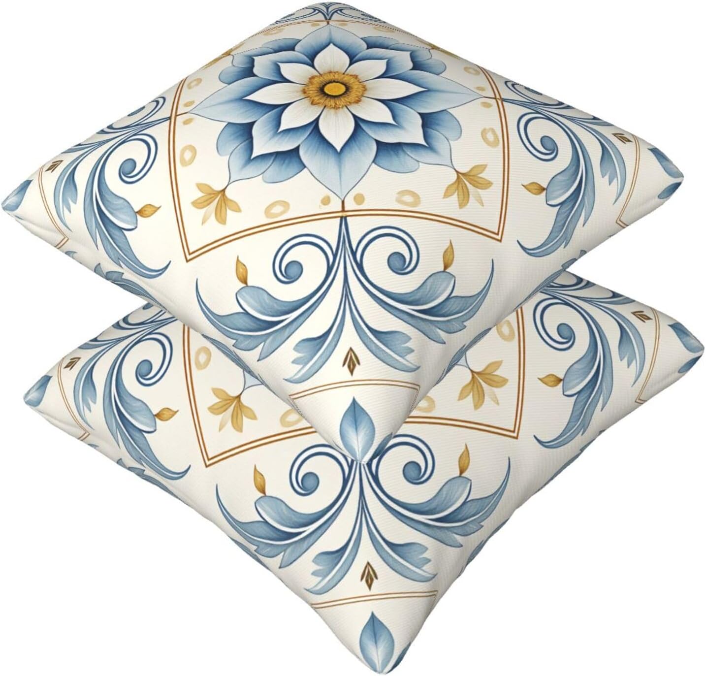Mediterranean Blue Floral Throw Pillow Covers Set of 2 Ultra-Soft All-Season Pillow Shams with Hidden Zipper,Durable for Sofa Bed Car Decor & Gift Luxury 18x18IN
