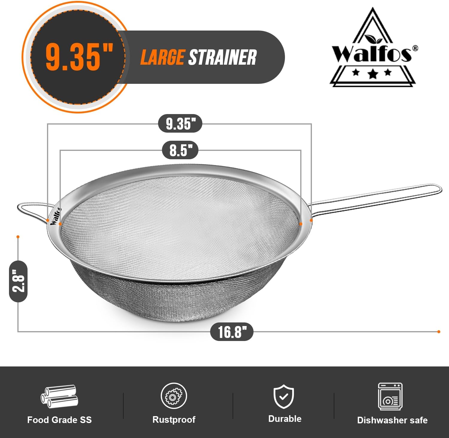 Walfos 9.35 Inch Large Fine Mesh Strainer, Stainless Steel 30 Mesh Sieve with Sturdy Handle, Kitchen Food Strainers Sifters for Rice, Quinoa, Pasta, Fruits, Vegetables, etc.
