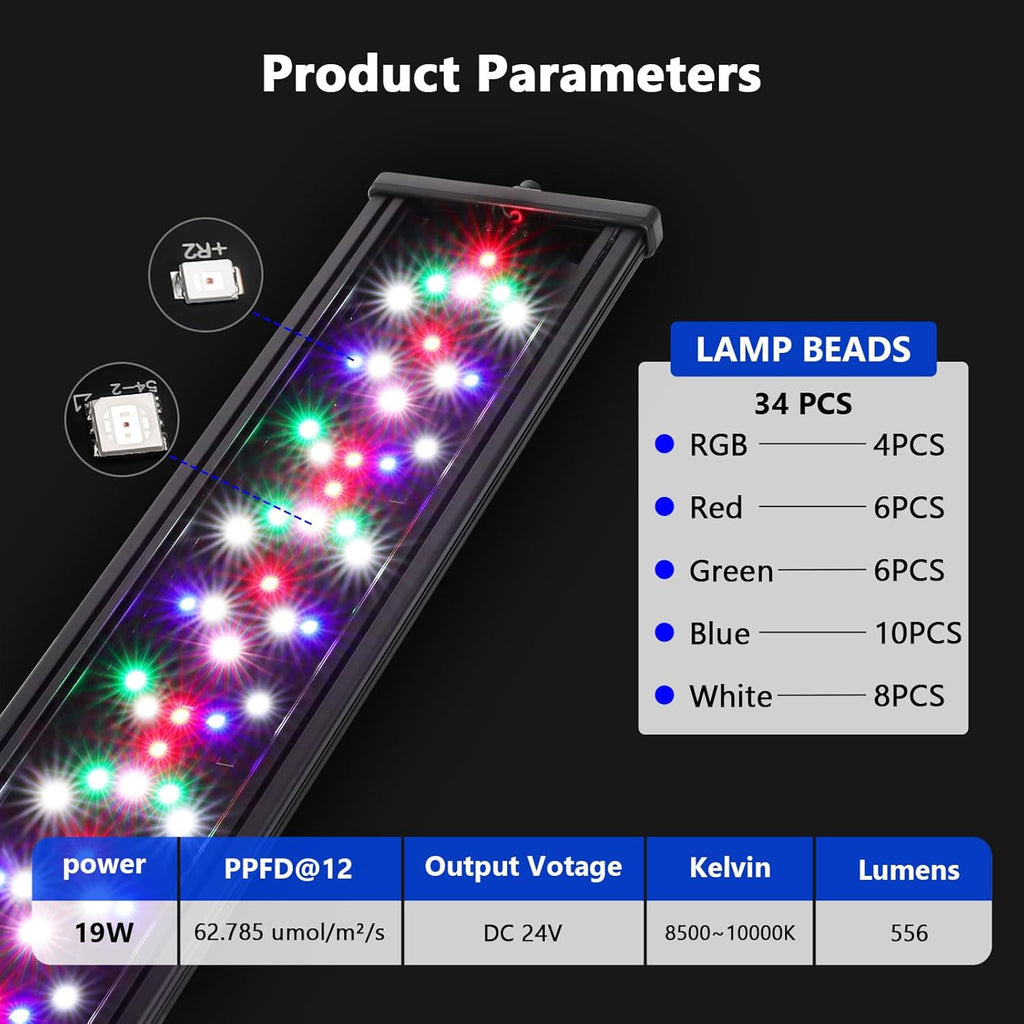 hygger New Mode 24/7 Timer LED Aquarium Light, Auto On Off Full Spectrum Fish Tank Light Fish Colorful/Sun/Nightlight/Wrgb Cycle Mode for Freshwater Plants Tank (for 12in~18in Long Tank)