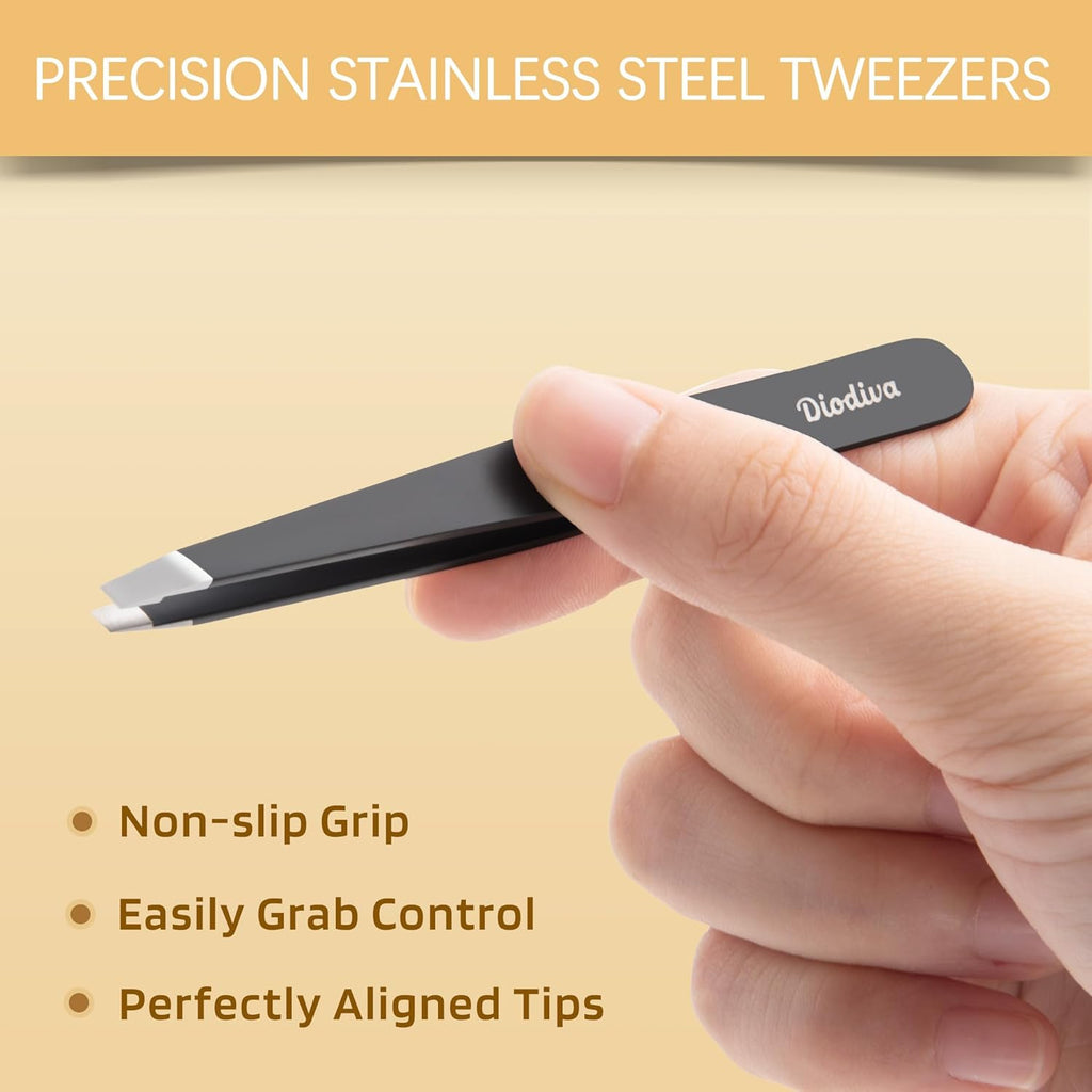 2-Pack Tweezers for Eyebrows, Facial Hair, Ingrown Hair Removal, Slant and Point Tip Tweezer Set for Women and Men, Professional Stainless Steel Precision Eyebrow Plucking Grooming with Case - Black
