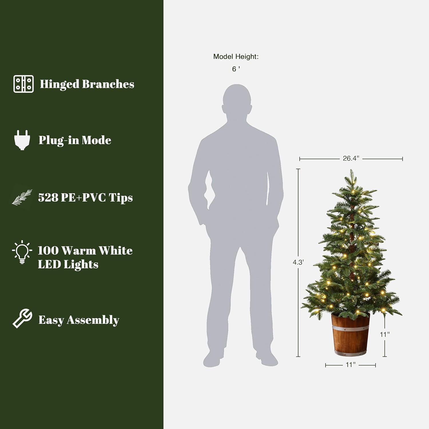 LuxenHome 4FT Small Christmas Tree, Prelit Slim Potted Christmas Trees with 100 Warm White LED Lights, Realistic Fir Tree with Rustic Wood Barrel Planter for Entrance, Hallway Holiday Decorations