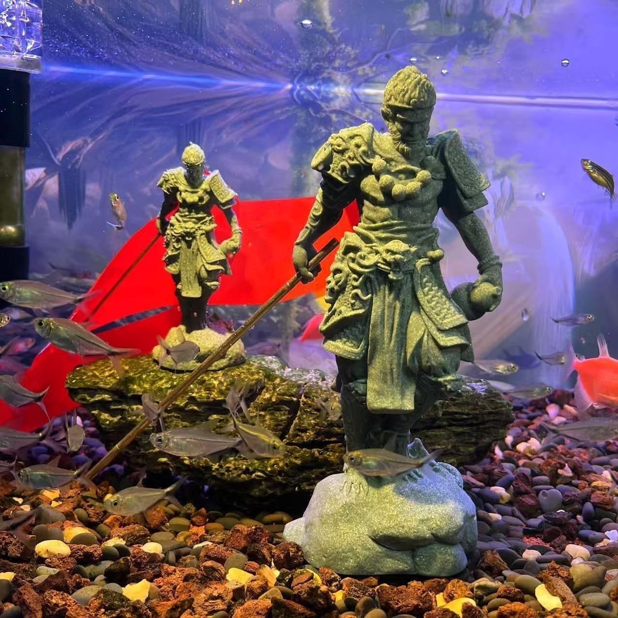 livelyfish Aquarium Monkey King Statue Standing Sun Wukong Figurine Sandstone Decorative for Fish Tank Garden Decor (L)