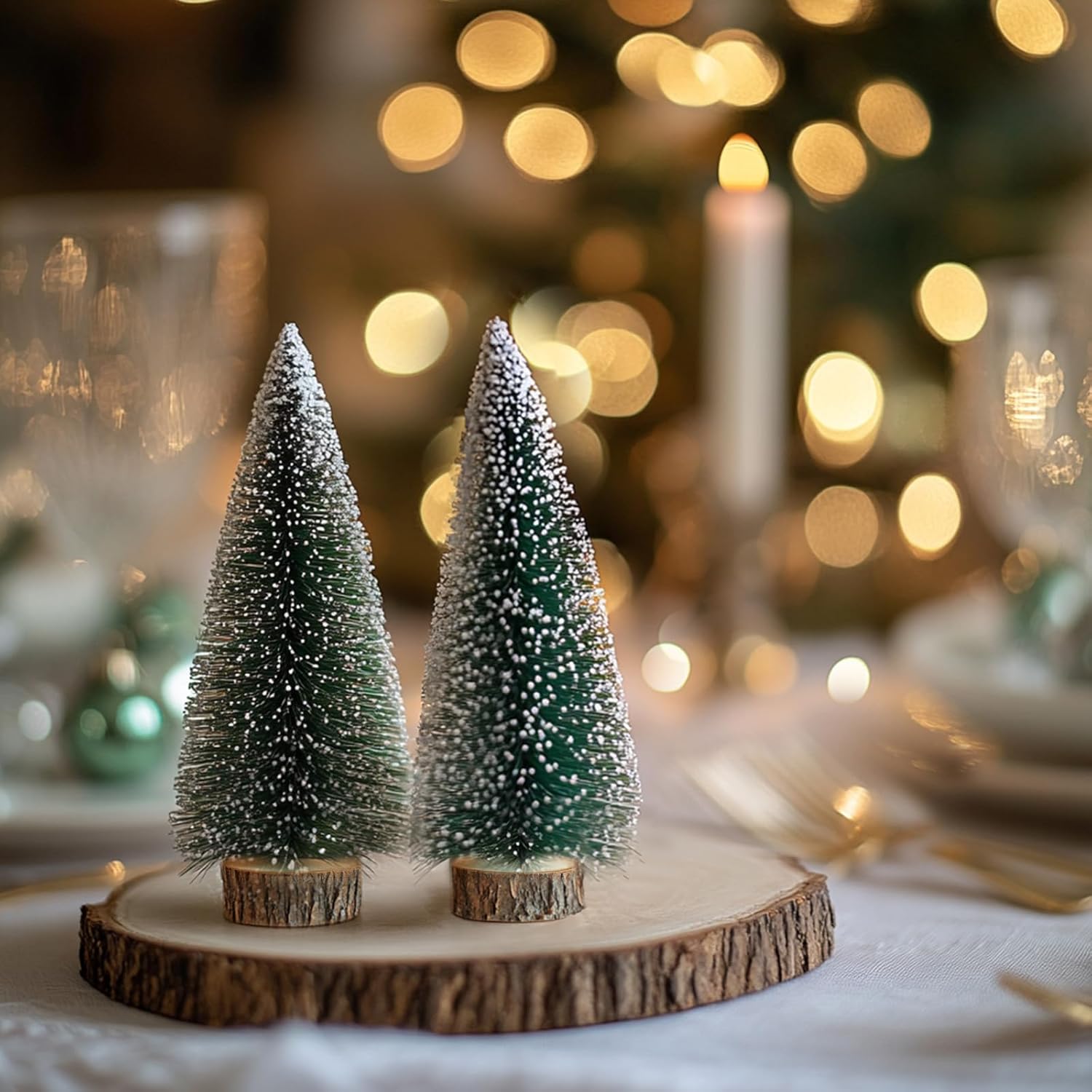2pcs 12inch Mini Christmas Tree Bottle Brush Trees Chrismas Village Trees Ornaments Mini Plastic Christmas Trees with Wooden Base for Christmas Decoration Miniature Chrismas Tree