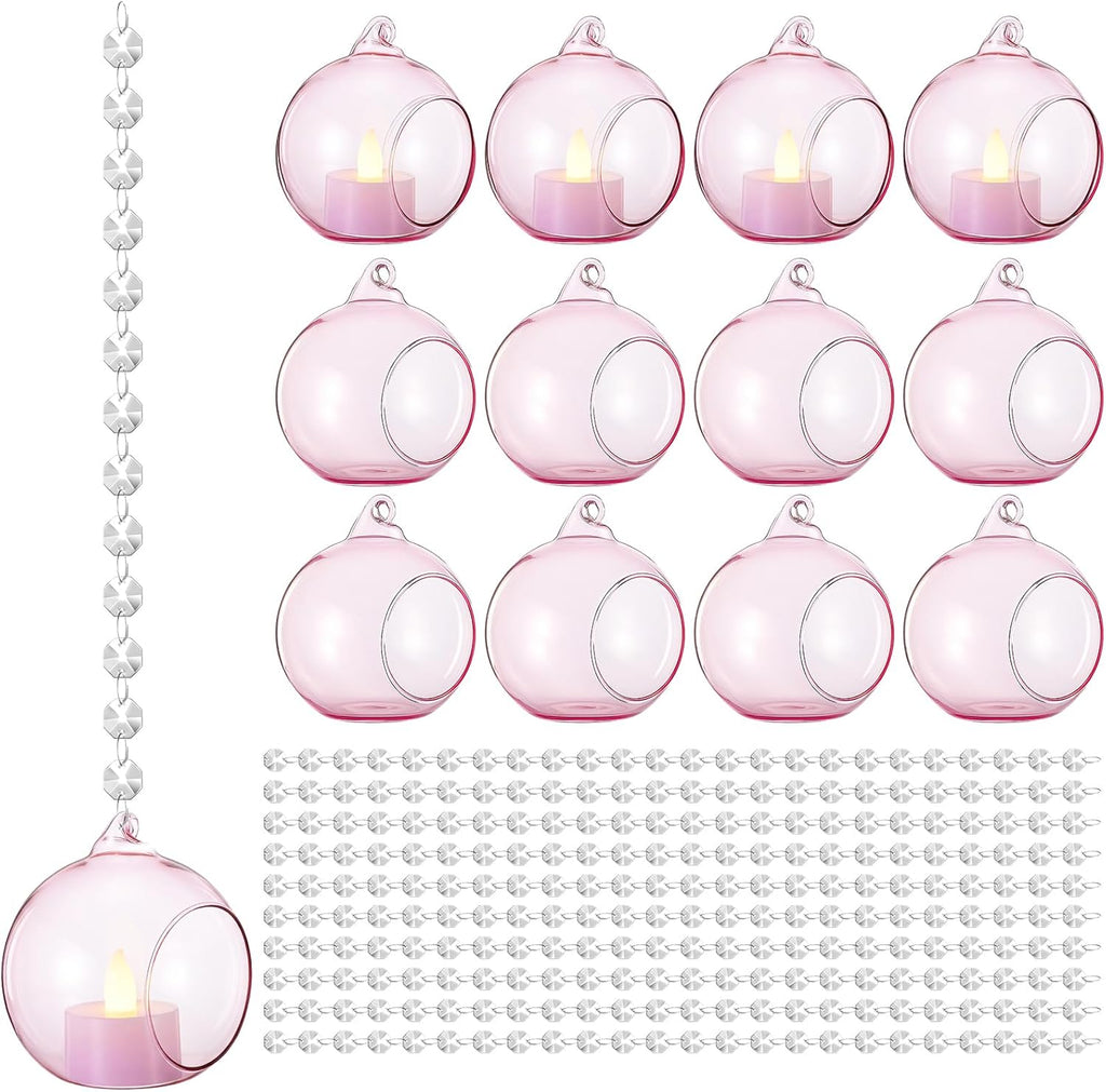 3.15'' Pink Hanging Glass Tealight Holder Globe and Clear K9 Crystal Garland Strands, Hanging Glass Terrarium Containers for Wedding Party Tree Decoration(17 Pcs)