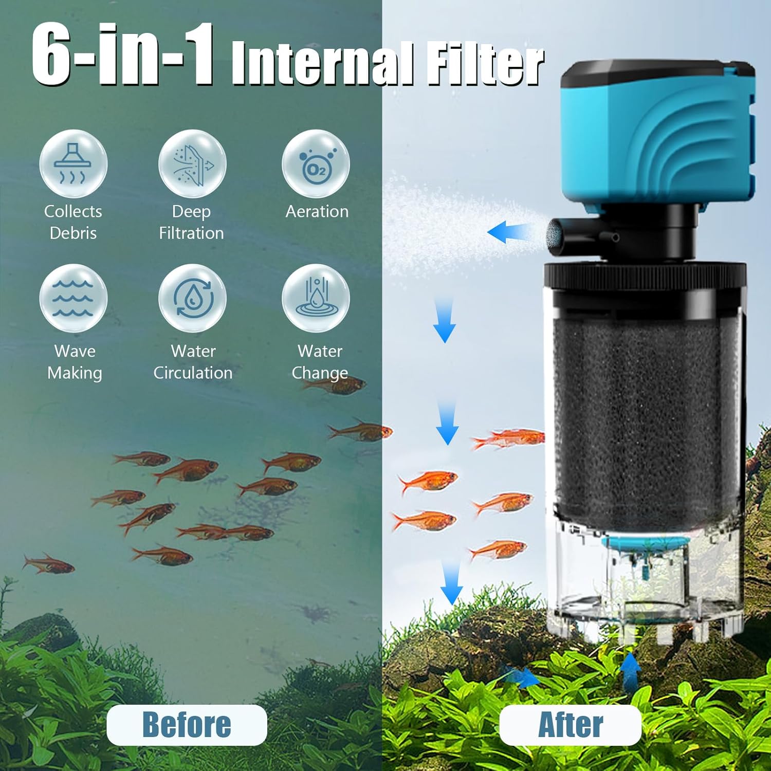 Internal Aquarium Filter, Upgraded 15–50 Gallon Fish Tank Filters, 210GPH Submersible Whisper Pump for Turtle Tanks with Debris Tray, Check Valve, Fresh & Saltwater