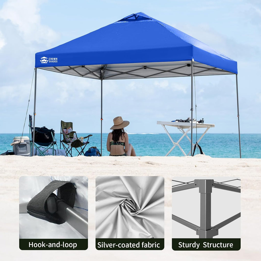 CROWN SHADES Adjustable Height on The Fly, 10x10 Pop Up Canopy - Beach Tent with One Push Setup - Easy Outdoor Sun Shade for Events, Parties, Camping - Outside Shade with STO-N-Go Bag, Blue