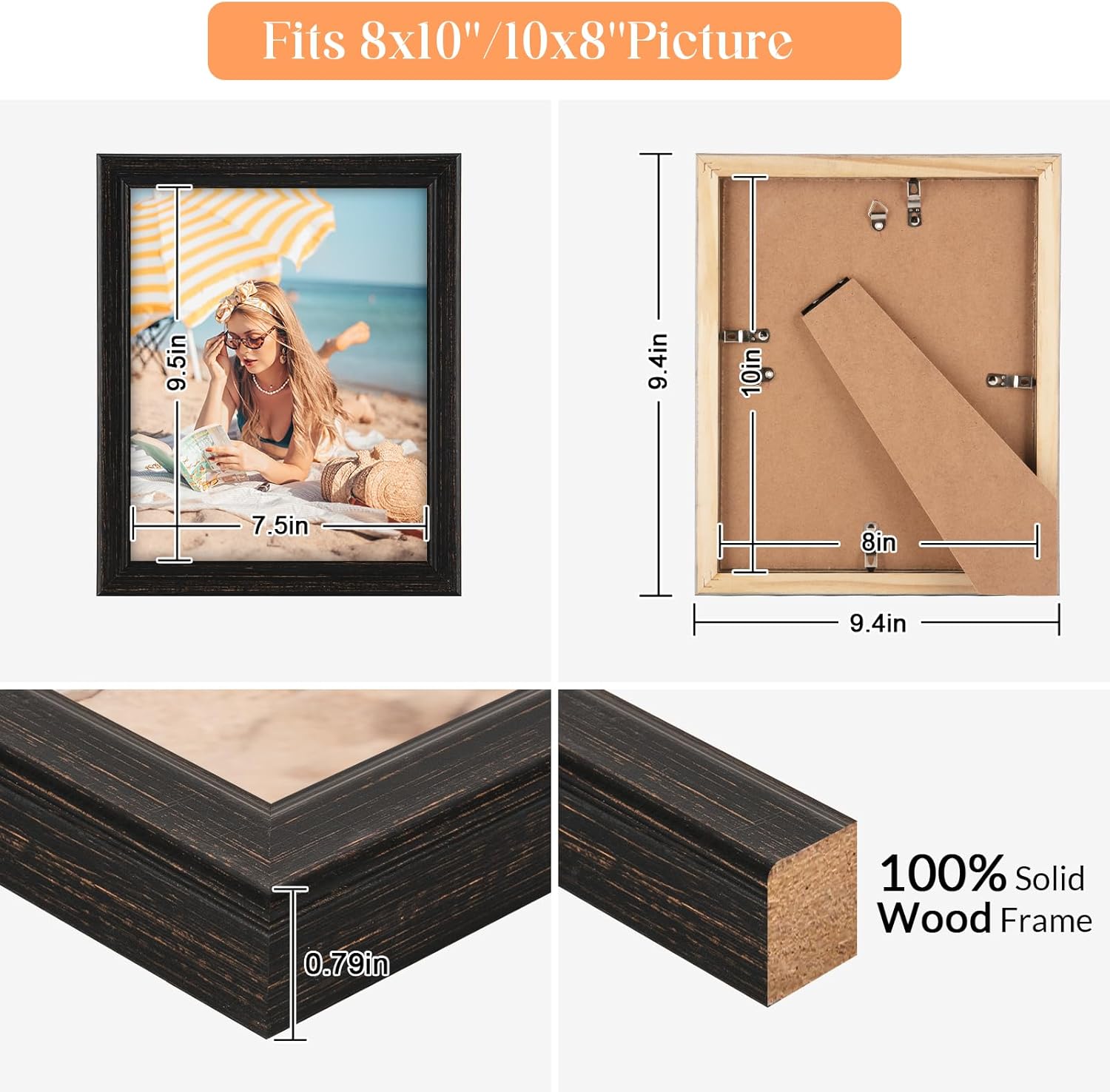 8x10 Wood Frames Set Black, Natural Wooden 10x8in Picture Frames, Modern Golden 8 x 10inch Gallery Photo Pic Frame with HD Plexiglass, Horizontal Vertical Wall Mounting Tabletop Display 1Pcs