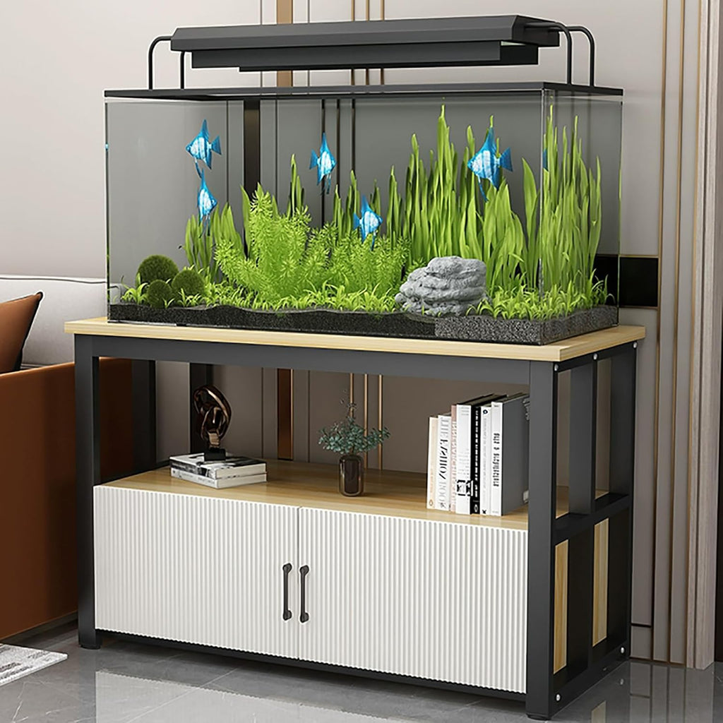 5-75Gallon Aquarium Stands,3 Tier Metal Frame Fish Tank Stand with Cabinet Storage,Reptile Tank Stand for Home Living Room Bedroom Office,2200LBS Capacity (Black+Light Mahogany, L23.6″*W15.7″*H23.6″)