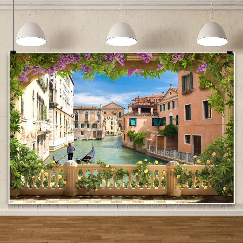 9x6ft Italy Venice Backdrop, Water City Italian Canal Gondolas River Backdrop for Photoshoot Historical Culture Scenery Photo Background Travel Portrait Photo Props